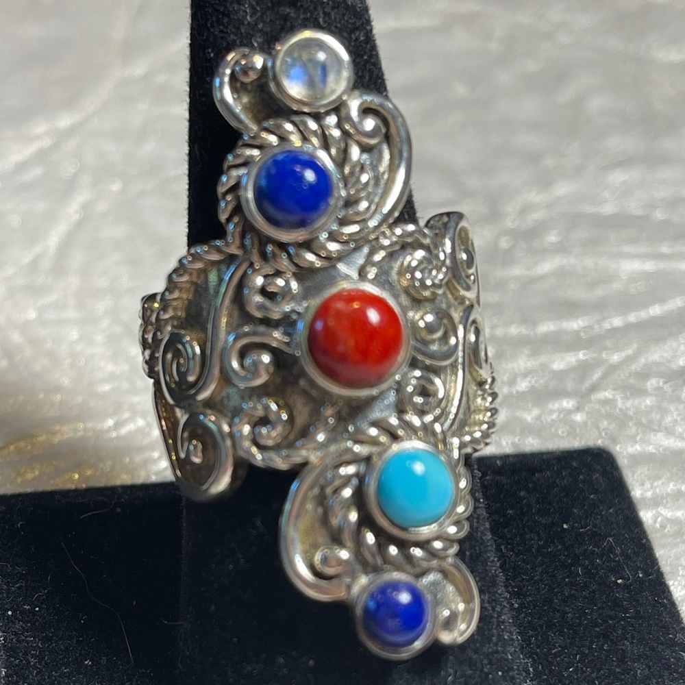 Silver, Turquoise & Coral RING, sz 10